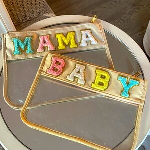 Mama + baby patchwork varsity letter travel pouches